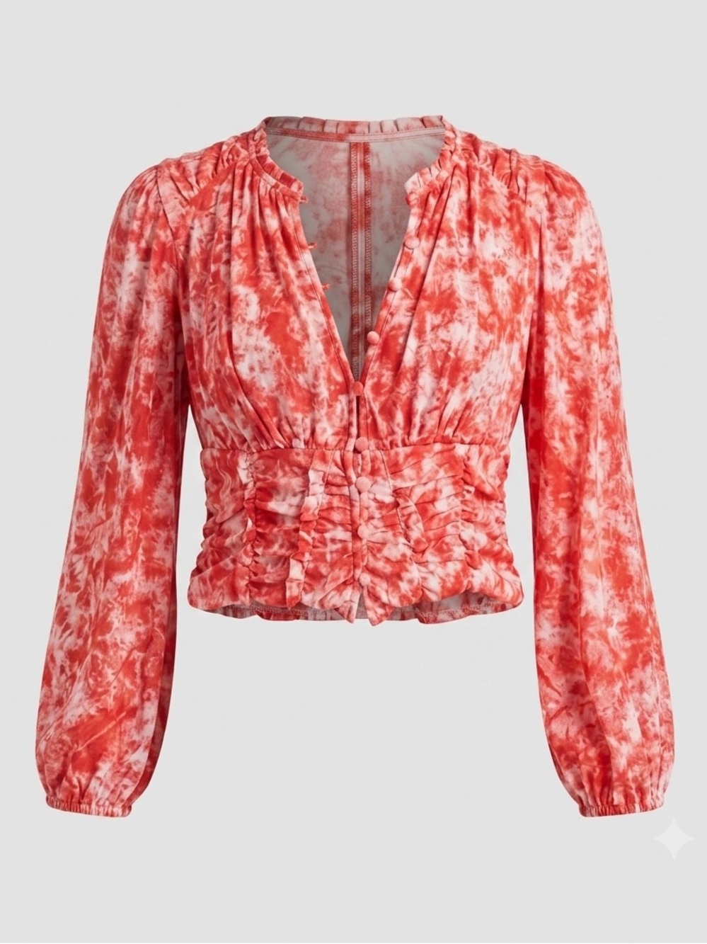 Anthropologie Smocked Crop Blouse XL Puff Sleeve Coral Watercolor Top